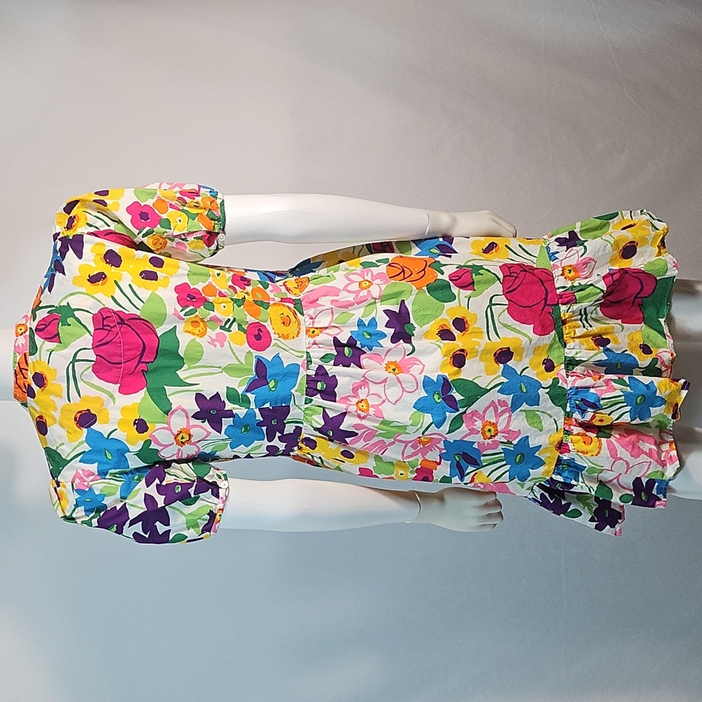J. Crew 100% Cotton Vibrant Multi-Color Floral Puff Sleeve Ruffle Hem Dress - Picture 11 of 16
